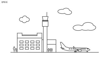 Airport. Lineart black and white vector illustration with air terminal and airplanes.