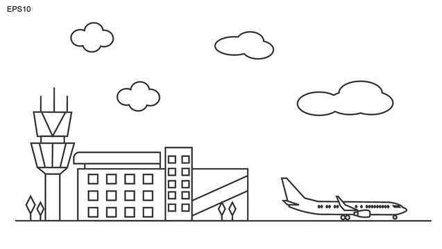 Airport. Lineart black and white vector illustration with air terminal and airplanes.