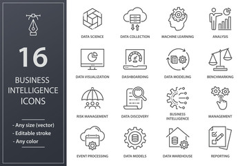 Business Intelligence line icons set. Black vector illustration. Editable stroke.