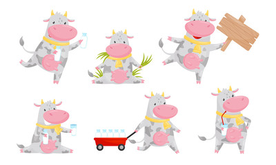Happy Spotted Cow Cartoon Character Collection, Funny Humanized Farm Animal in Various Action Poses Vector Illustration