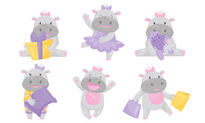 Obraz premium Cartoon Hippo Character Dancing and Holding Pillow Vector Set
