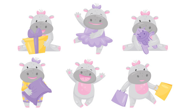 Cartoon Hippo Character Dancing and Holding Pillow Vector Set