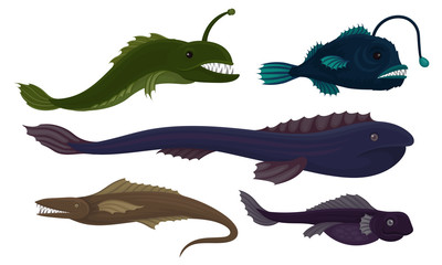 Deep Sea Creatures Vector Set. Marine Dangerous Fish with Sharp Teeth