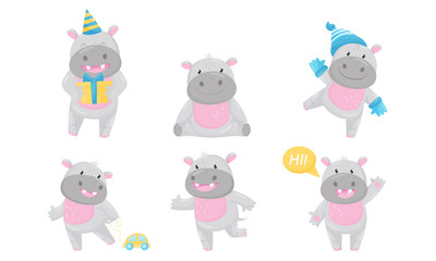 Cartoon Hippo Boy Character Holding Gift Box and Playing with Toy Car Vector Set