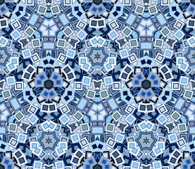 Blue kaleidoscopic seamless pattern, background. Abstract shapes making up a mosaic texture. Graphic design element. - 308875218