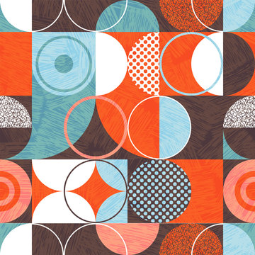 Seamless abstract geometric modern pattern. Retro bauhaus design of circles, squares and textures. Use for backgrounds, fabric design, wrapping paper, scrapbooks and covers. Vector illustration.