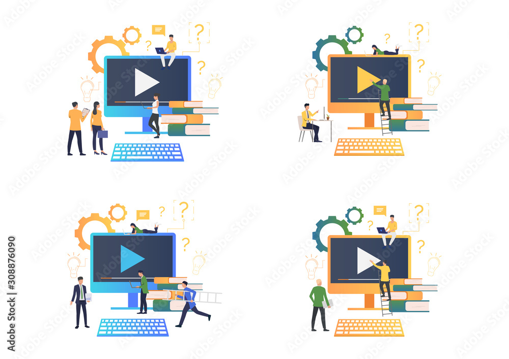 Poster video training set. students using monitor with play button and stack of books. flat vector illustra