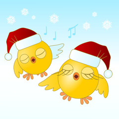 two yellow chicks with red Santa hats sing Christmas carols, color vector illustration