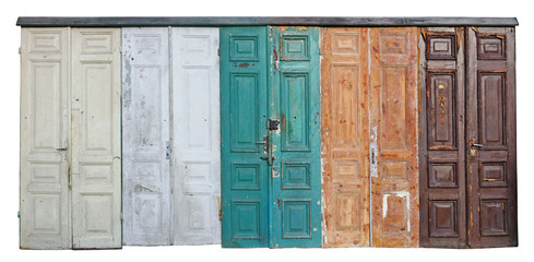 Collection of old vintage retro wooden doors isolated