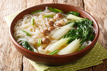 Tasty noodle soup with mushrooms, green onions and bok choy closeup in a bowl. horizontal