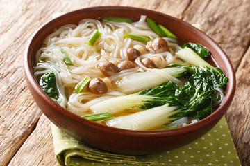 Diet Asian noodle soup with mushrooms, onions and bok choy close-up in a bowl. horizontal