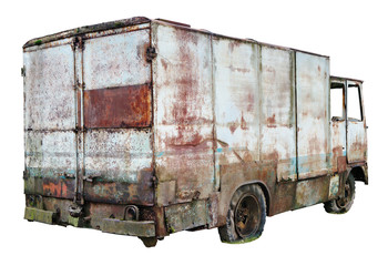 Decayed rusty nameless car van for transportation of agricultural products and bread thrown in the...