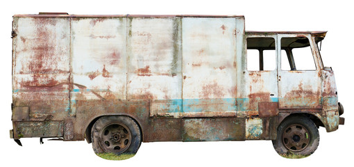 Decayed rusty nameless car van for transportation of agricultural products and bread thrown in the...