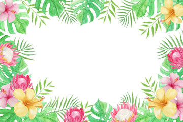 Colorful Tropical Background with Protea, hibiscus, Monstera and Palm leaves