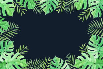 Fototapeta na wymiar Greenery Tropical Background with Monstera and Palm Leaves