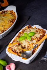 noodle , minced meat casserole with cheese