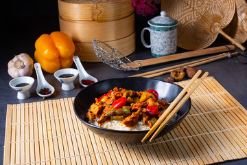 Hot roasted chicken with rice and vegetables