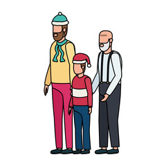 cute grandfather with young son and grandson using christmas hat