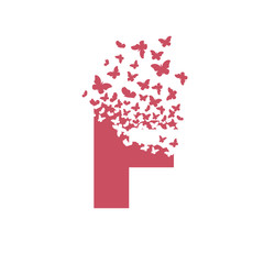 letter F with effect of destruction. Dispersion. Butterfly, moth