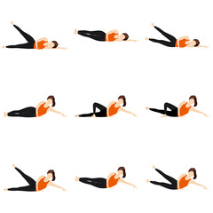 Dwi pada anantasana variations yoga asanas set/ Illustration stylized woman practicing side reclining leg raised