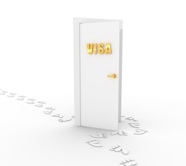 Image relative to migration. Human footprints bypass the door with the inscription visa. 3D rendering