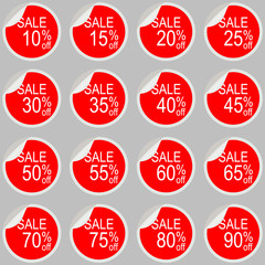 Sticker, tag, label, stamp, infographic element. Sale 10-90% off, icon set. Vector illustration on gray background.