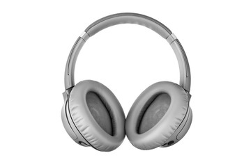 Gray wireless headphones on white background isolated close up, grey bluetooth headset with big...