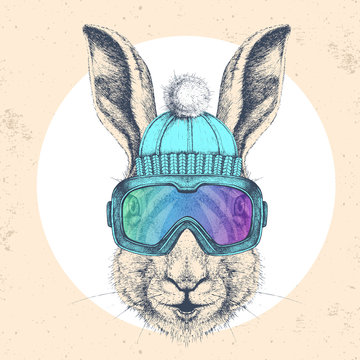 Hipster animal rabbit in winter hat and snowboard goggles. Hand drawing Muzzle of hare