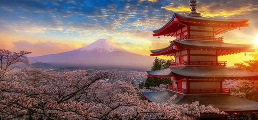 Stickers pour porte Couleur saumon Fujiyoshida, Japon Belle vue sur la montagne Fuji et la pagode Chureito au coucher du soleil, Japon au printemps avec des cerisiers en fleurs