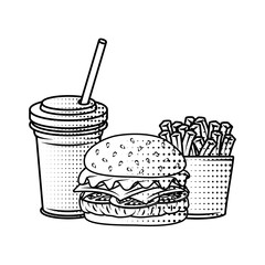 delicious burger with soda and french fries