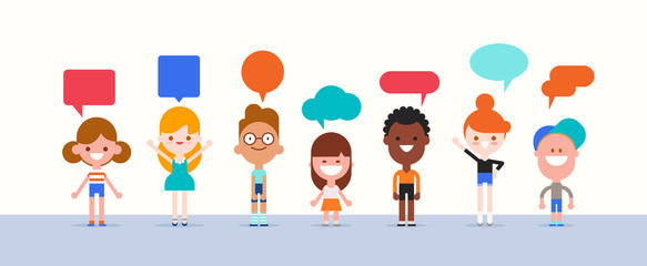 Group of kids with speech bubble character in flat design style isolated. Diversity children cartoon with communication concept vector illustration.