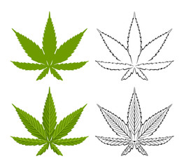 Cannabis leaves set. Green hemp leaf in cartoon flat style, simple silhouette, black and white outline and contour. Collection of vector illustrations isolated on white background.