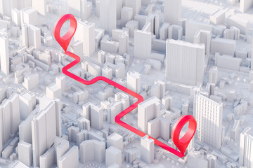 City map with navigation locator pin from point A to point B. Location route, tourism planning concept. 3d rendering.