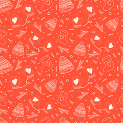 Naklejka premium Seamless, cozy, Christmas background. Linear illustrations: winter gloves, hats, socks and other holiday items. Perfect for Christmas and New Year.