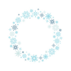 Wreath of hand-drawn blue snowflakes on white background. Perfect for Christmas and New Year postcards and decorations. Cozy, festive mood.