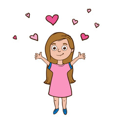  Doodle sketch girl raised her hands up. A simple, flat illustration of a child and hearts. 