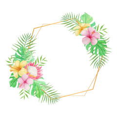 Tropical Floral Frame with Hibiscus, Protea flower, Monstera and Palm Leaves