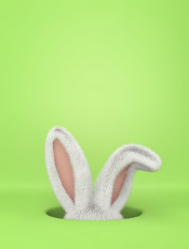 Easter greeting card with rabbit  in hole on green background