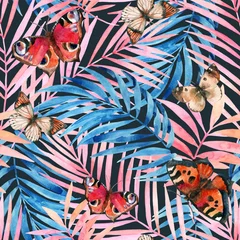 Photo sur Plexiglas Nature aquarelle Feuilles tropicales de couleur de l& 39 eau et beau fond de papillons.