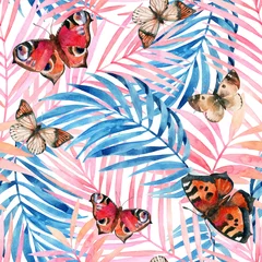 Abwaschbare Fototapete Aquarell Natur Tropische Blätter der Wasserfarbe und schöner Schmetterlingshintergrund.
