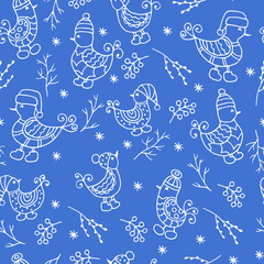Seamless background with winter birds, white outline on blue background
