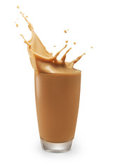 Naklejka na ściany i meble chocolate milk or milk tea splashing out of glass isolated on white with clipping path