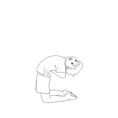 Kids Yoga - Joga für Kinder, Asana Kamel, horizontal Banner Design Concept Cartoon. Junge barfuß in Yoga Haltung, macht fröhliches Gesicht. Yogi Logo auf Hintergrund in weiß.