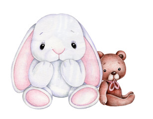 Watercolor illustration of cute bunny and teddy bear sitting.