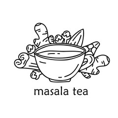 Outline cartoon cup with cinnamon, ginger, cardamom, clove, almond. Hand drawn vector food concept. Contour illustration for card, sticker, poster. Doodle isolated image with text masala tea