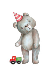 Watercolor illustration of cute teddy bear, vintage, gray, standing. Isolated.