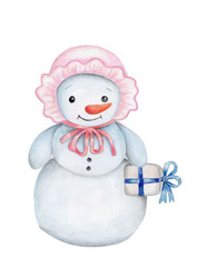 Snowman, snowwoman, watercolor hand drawn, isolated.