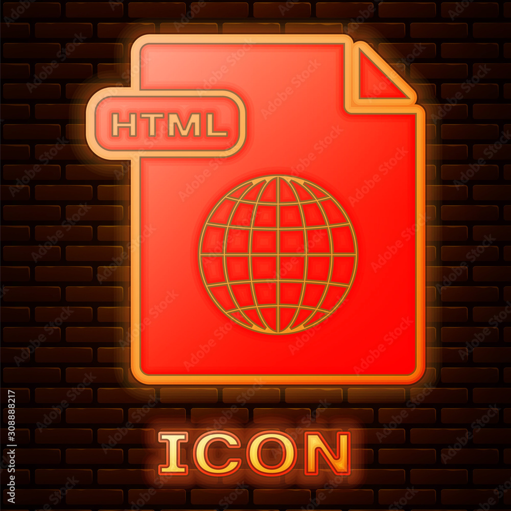 Poster glowing neon html file document. download html button icon isolated on brick wall background. html f