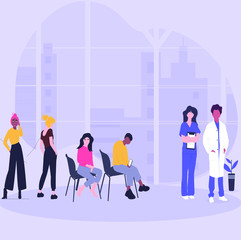 people sitting in chairs and waiting for doctor's appointment time at hospital. Men and women at physician's office or clinic. Colorful vector illustration in modern flat cartoon style.