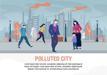 Sad People and Children Characters Wearing Protective Face Masks on Street in Polluted City Flat Warning Banner. Air Pollution from Factory Pipes Emitting Industrial Smoke. Vector Cartoon Illustration